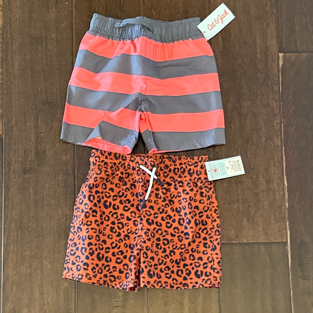 NWT Toddler Boys Bundle Cat & Jack Orange Striped and Leopard Print Swim Shorts